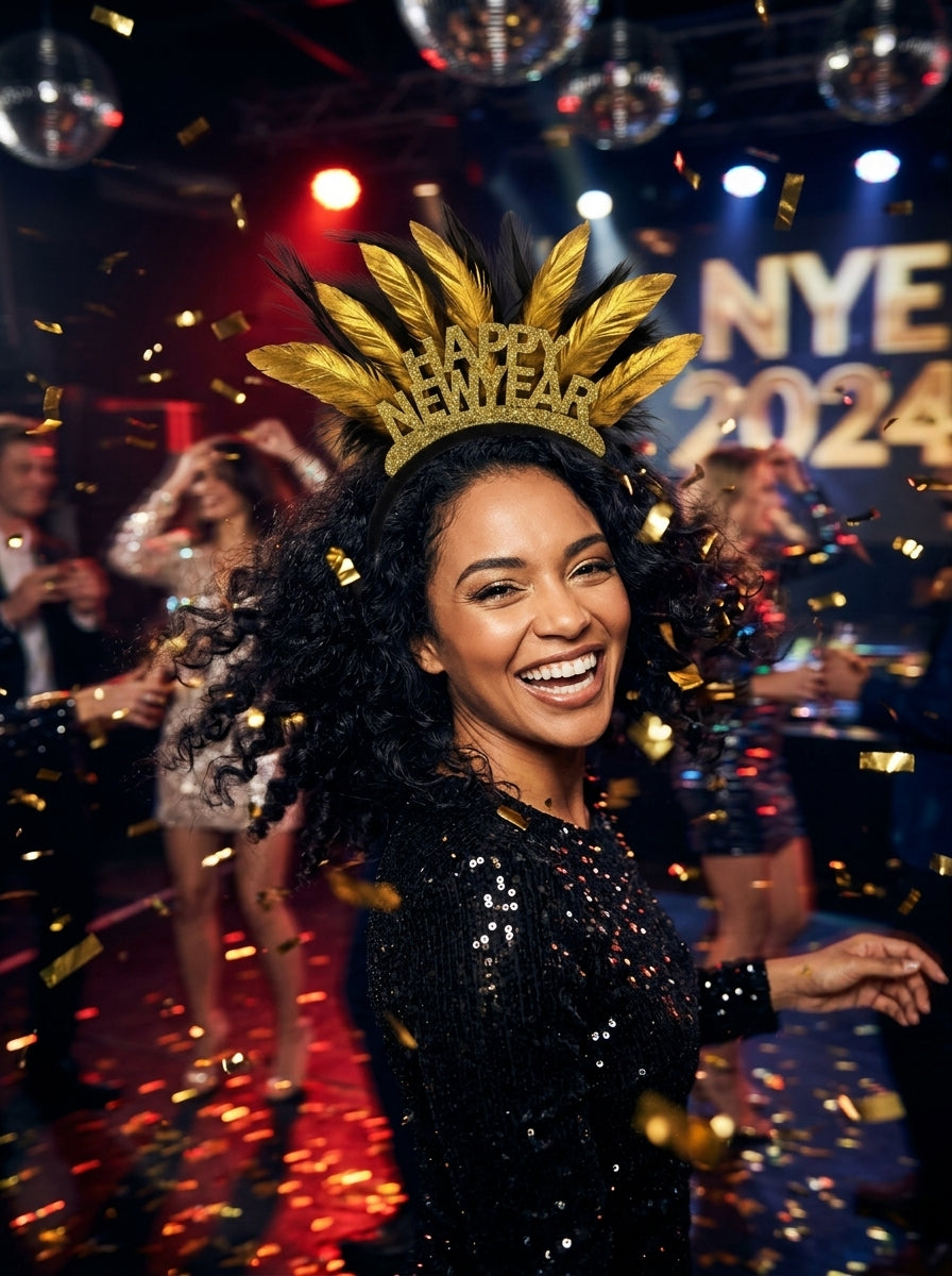 Golden Happy New Year Tüylü Yılbaşı Tacı