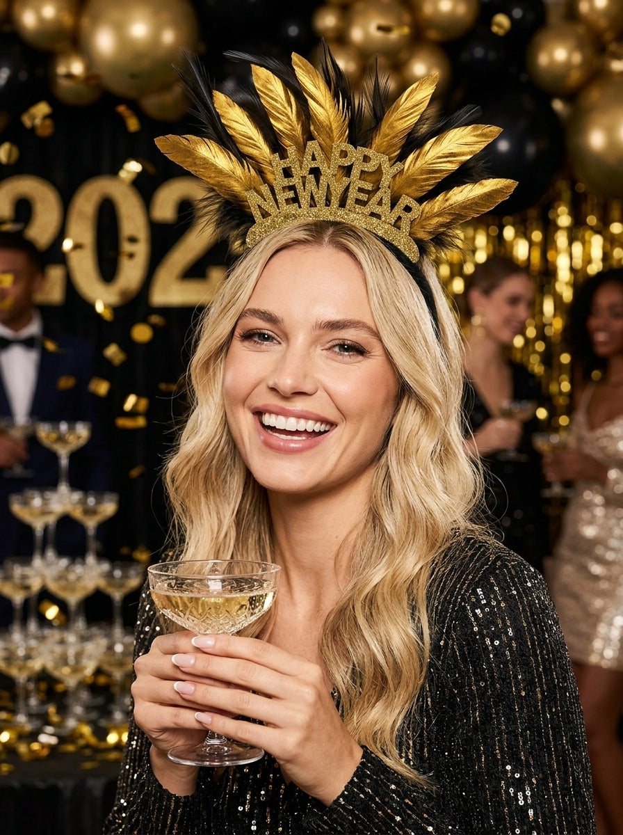 Golden Happy New Year Tüylü Yılbaşı Tacı