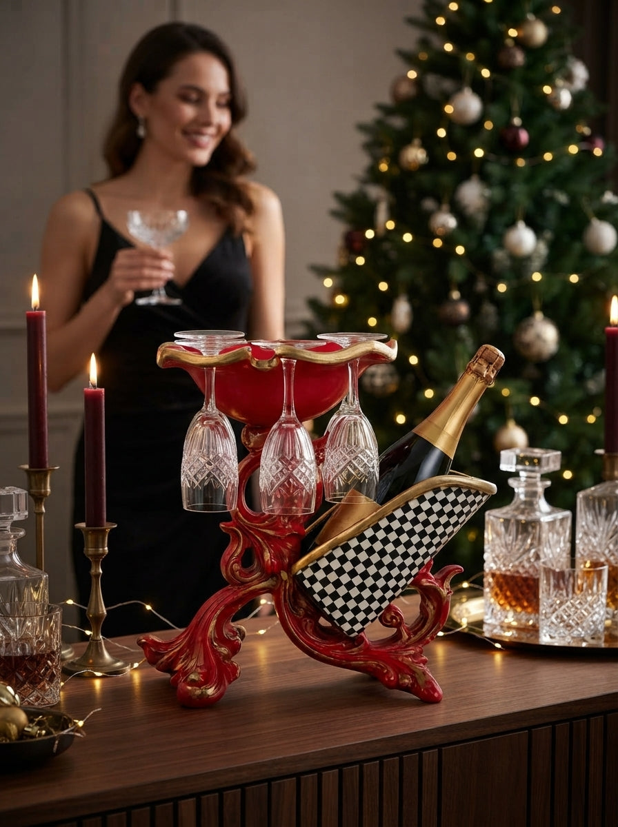 Royal Christmas Kırmızı &amp; Gold Şaraplık ve 3 Kadehlik