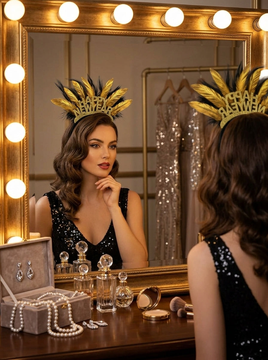 Golden Happy New Year Tüylü Yılbaşı Tacı