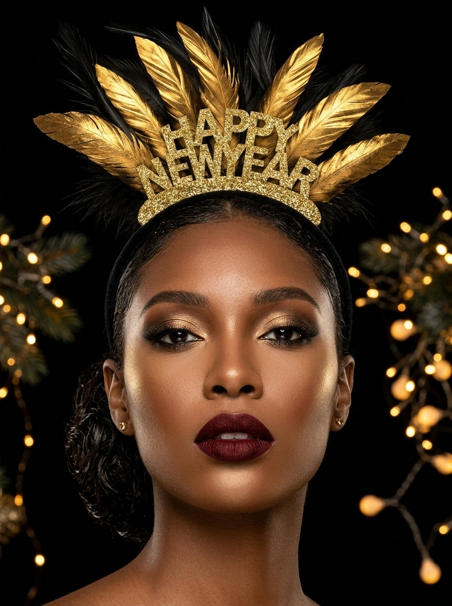 Golden Happy New Year Tüylü Yılbaşı Tacı