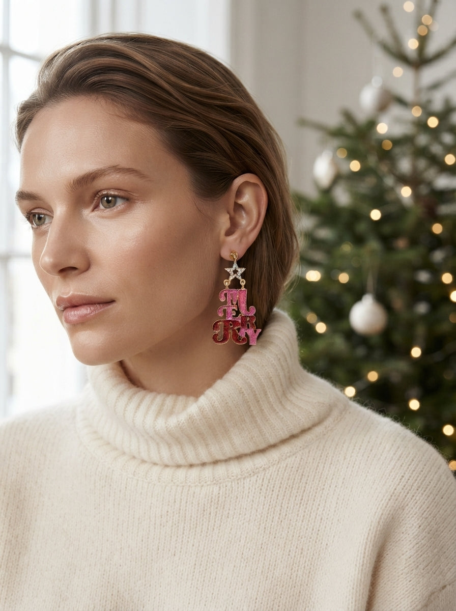 Merry Pink &amp; Red Glitter Christmas Küpe