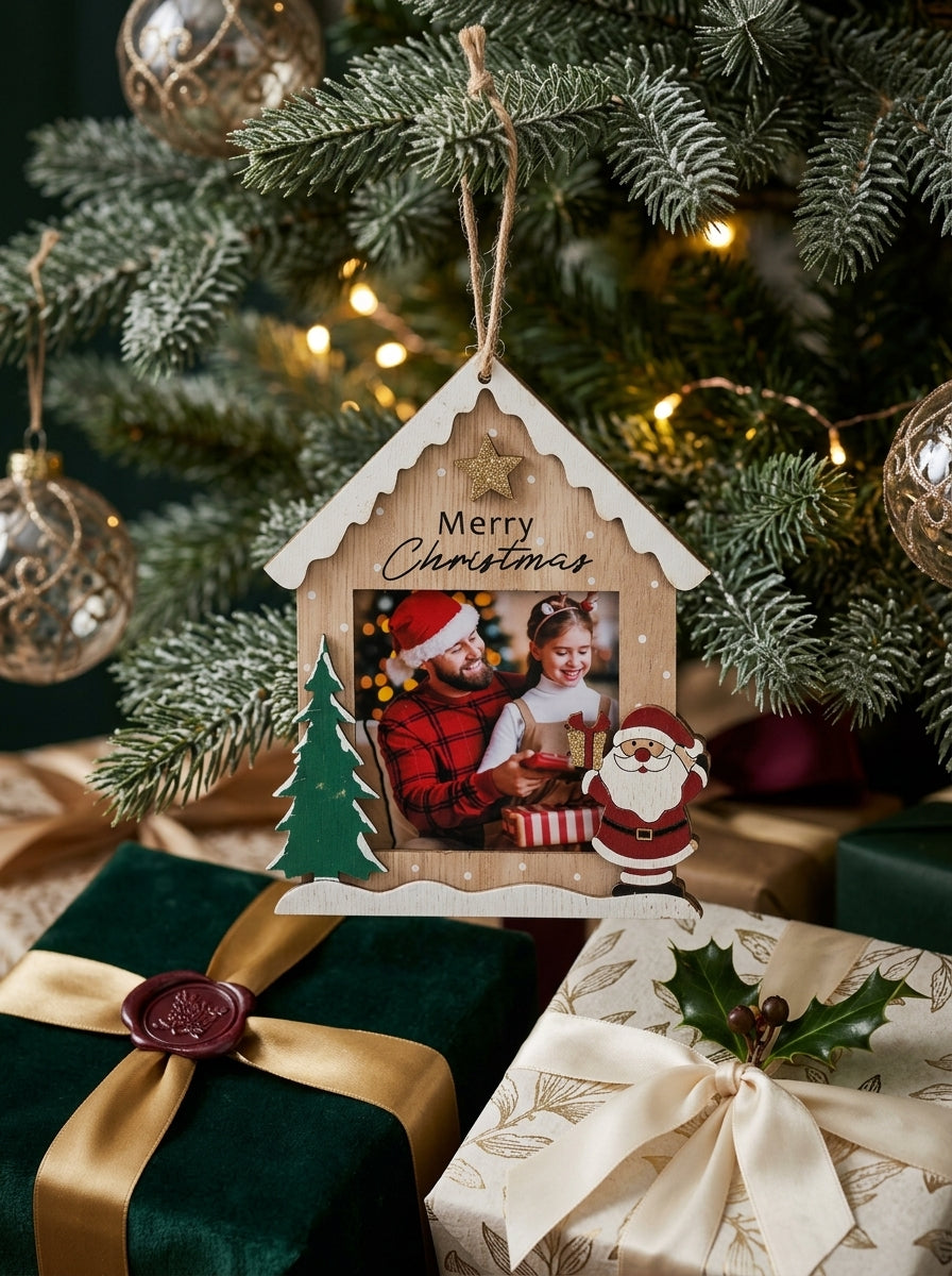 Merry Christmas Ahşap Ev Fotoğraf Çerçevesi Ağaç Süsü