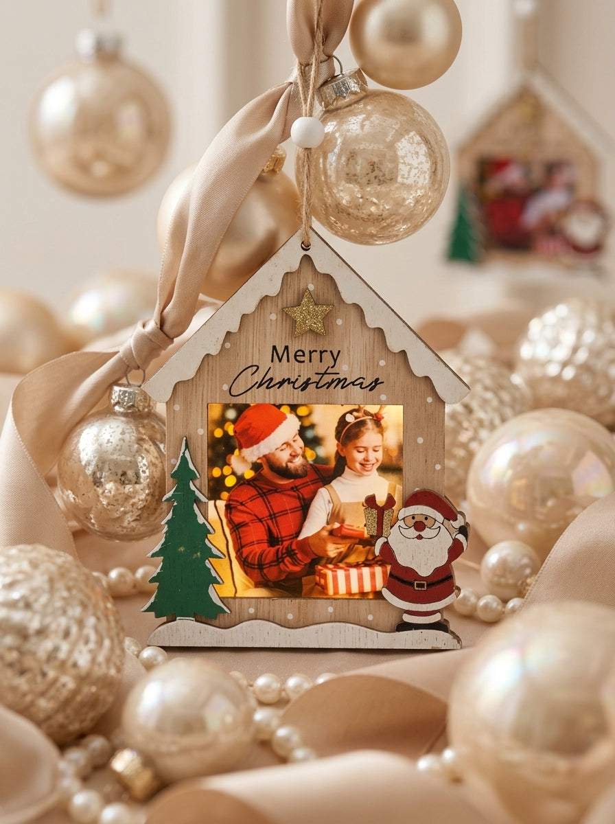Merry Christmas Ahşap Ev Fotoğraf Çerçevesi Ağaç Süsü