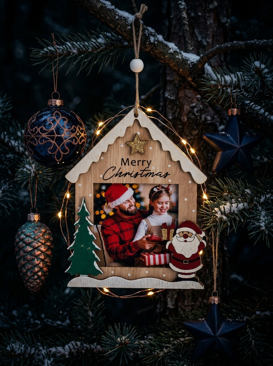 Merry Christmas Ahşap Ev Fotoğraf Çerçevesi Ağaç Süsü