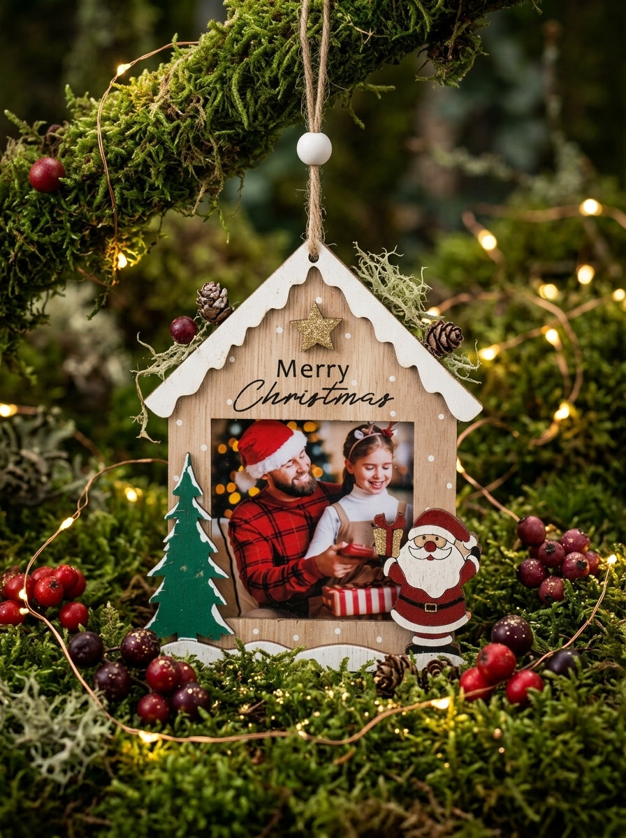 Merry Christmas Ahşap Ev Fotoğraf Çerçevesi Ağaç Süsü