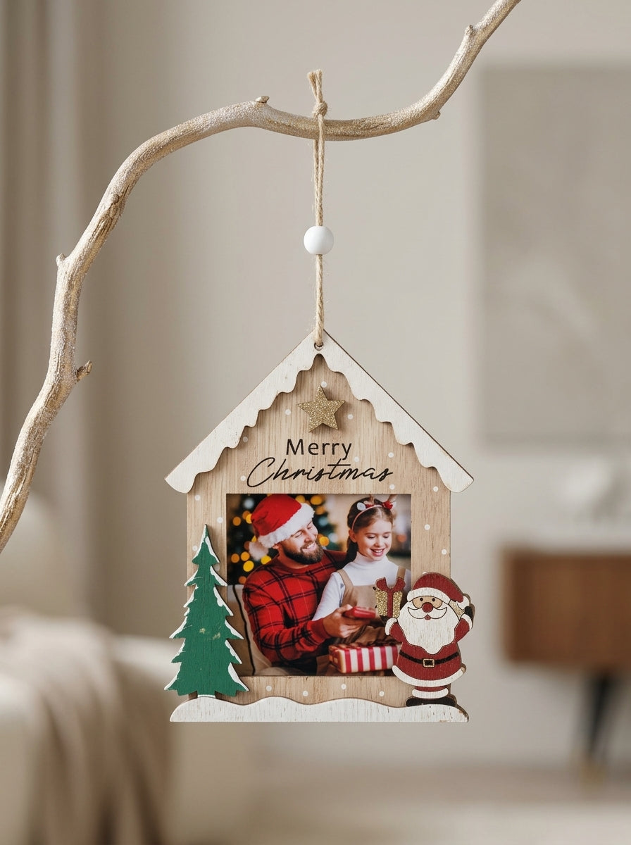 Merry Christmas Ahşap Ev Fotoğraf Çerçevesi Ağaç Süsü