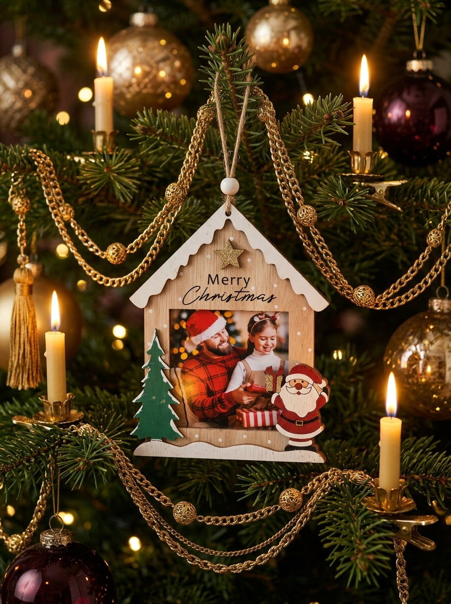 Merry Christmas Ahşap Ev Fotoğraf Çerçevesi Ağaç Süsü