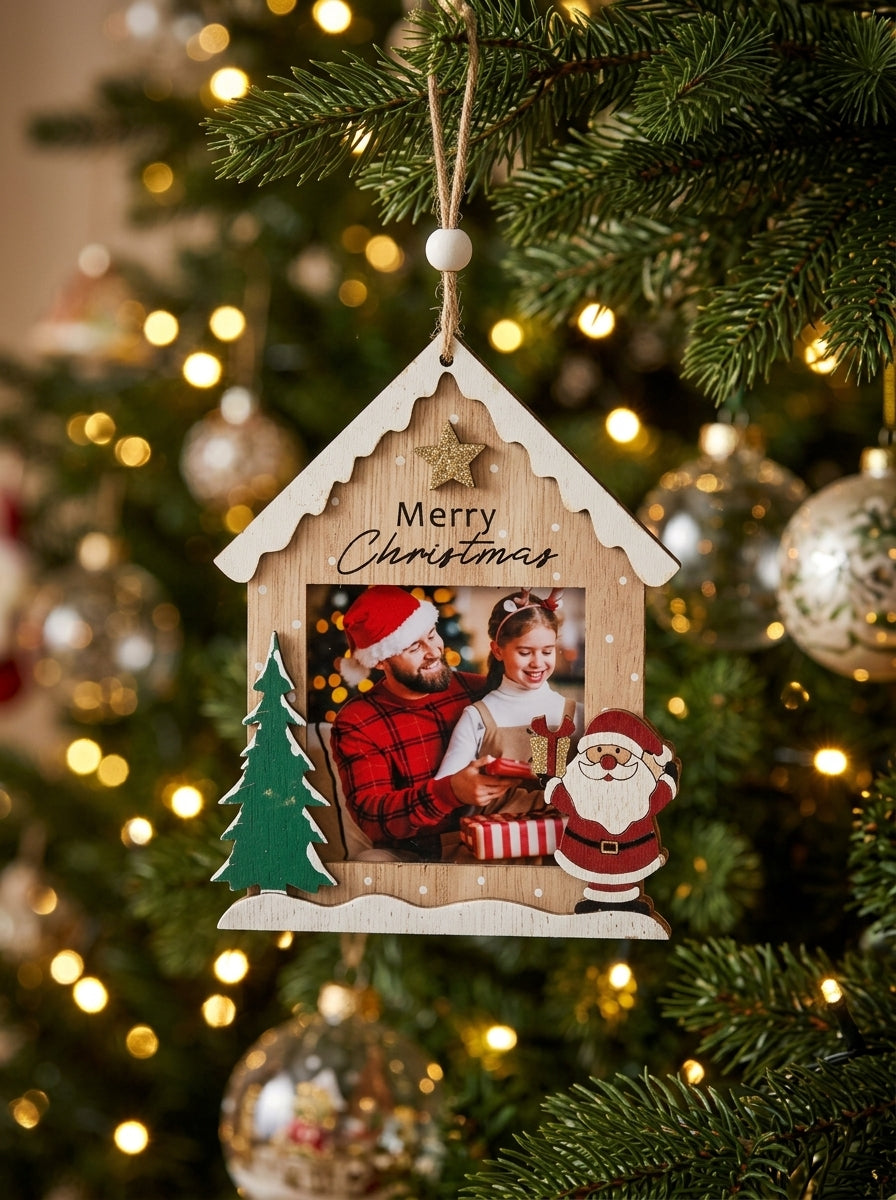 Merry Christmas Ahşap Ev Fotoğraf Çerçevesi Ağaç Süsü