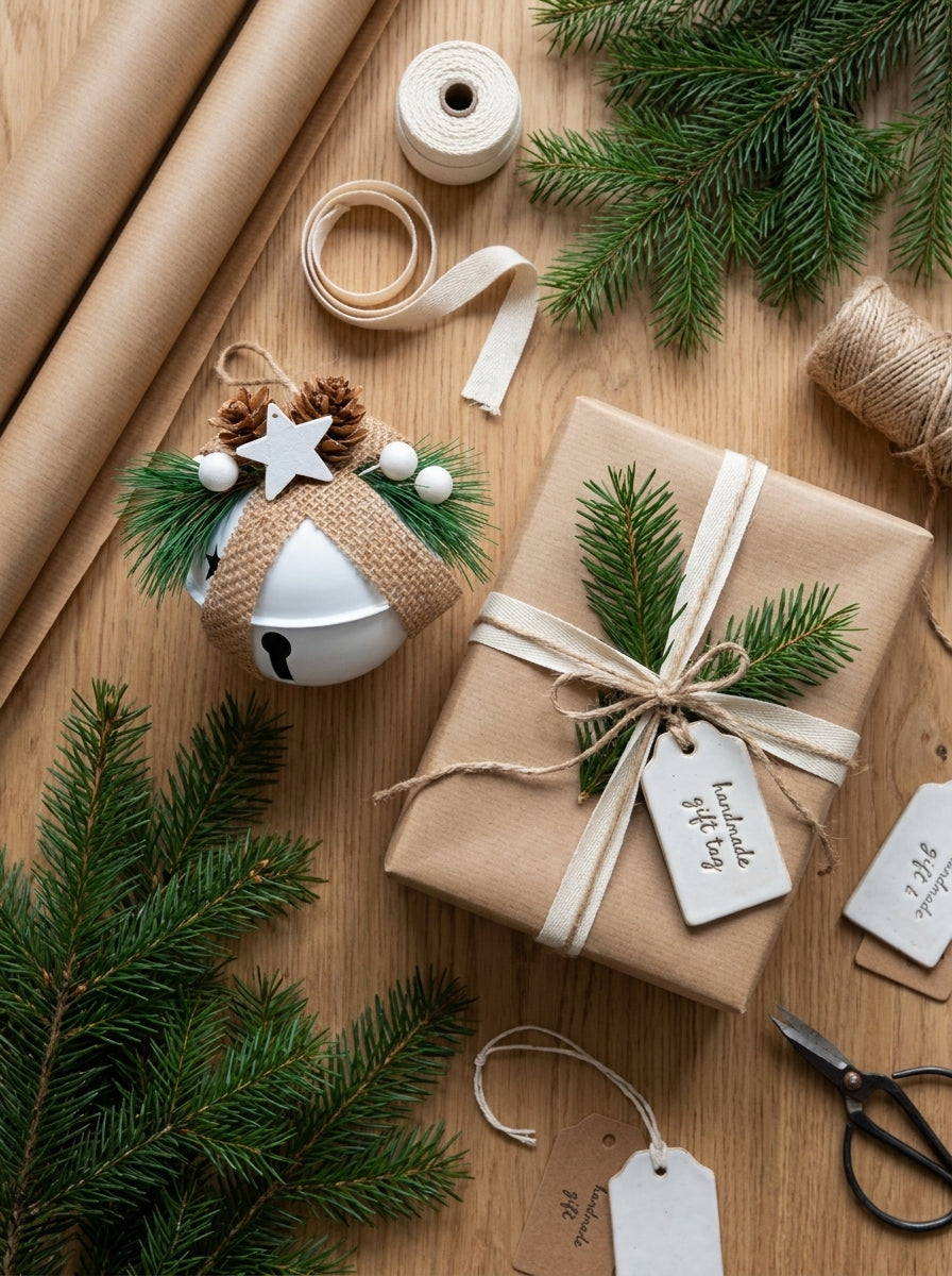 Nordic Christmas Bell – Kozalak ve Yıldız Detaylı Beyaz Yılbaşı Çanı