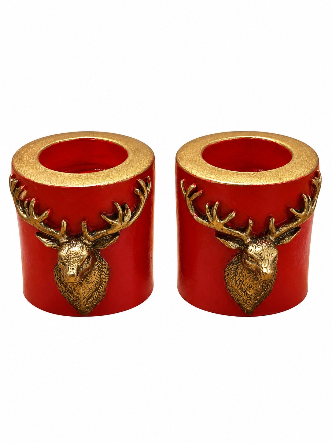 Gold Geyik Detaylı Kırmızı Tealight Mumluk 2’li Set