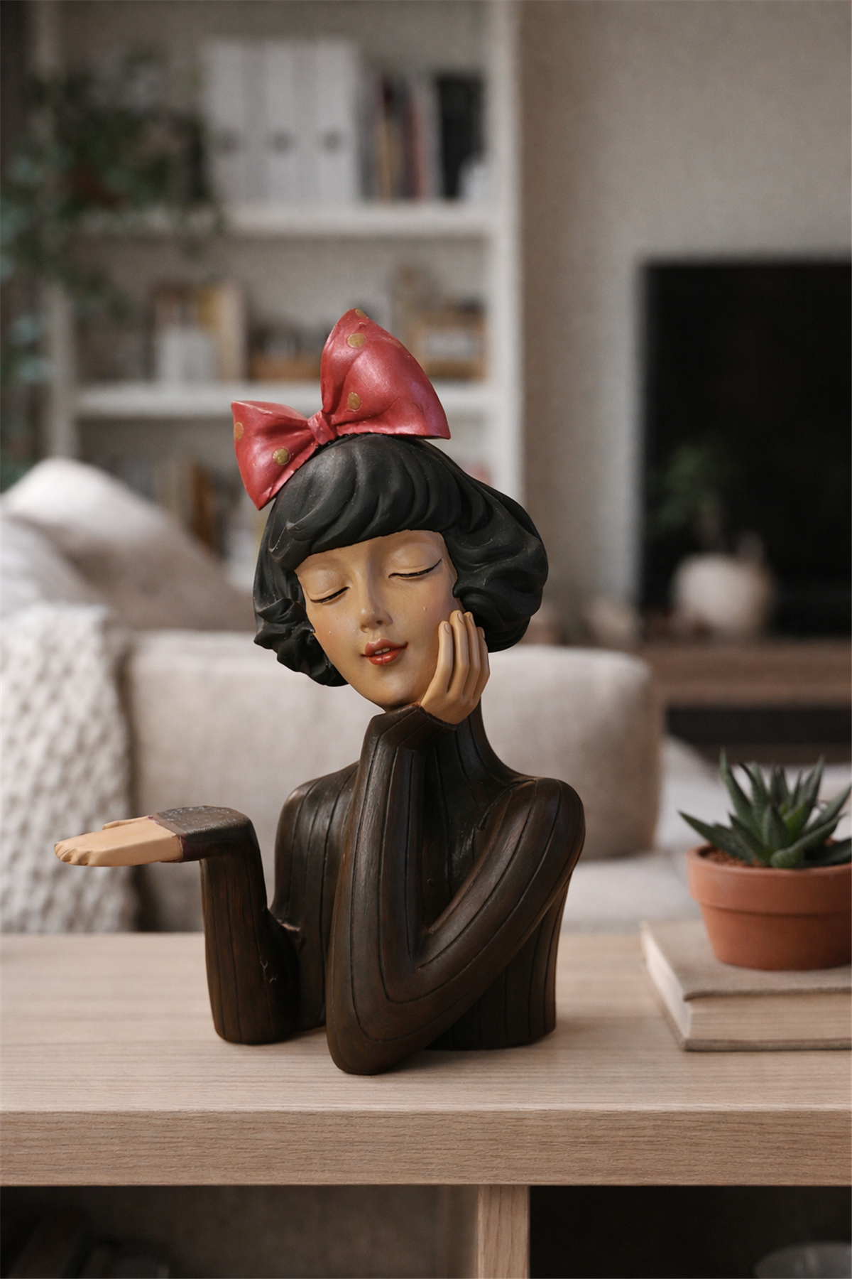 Handmade Ceramic Bowl with Girl Figurine – Midnight Red Bow