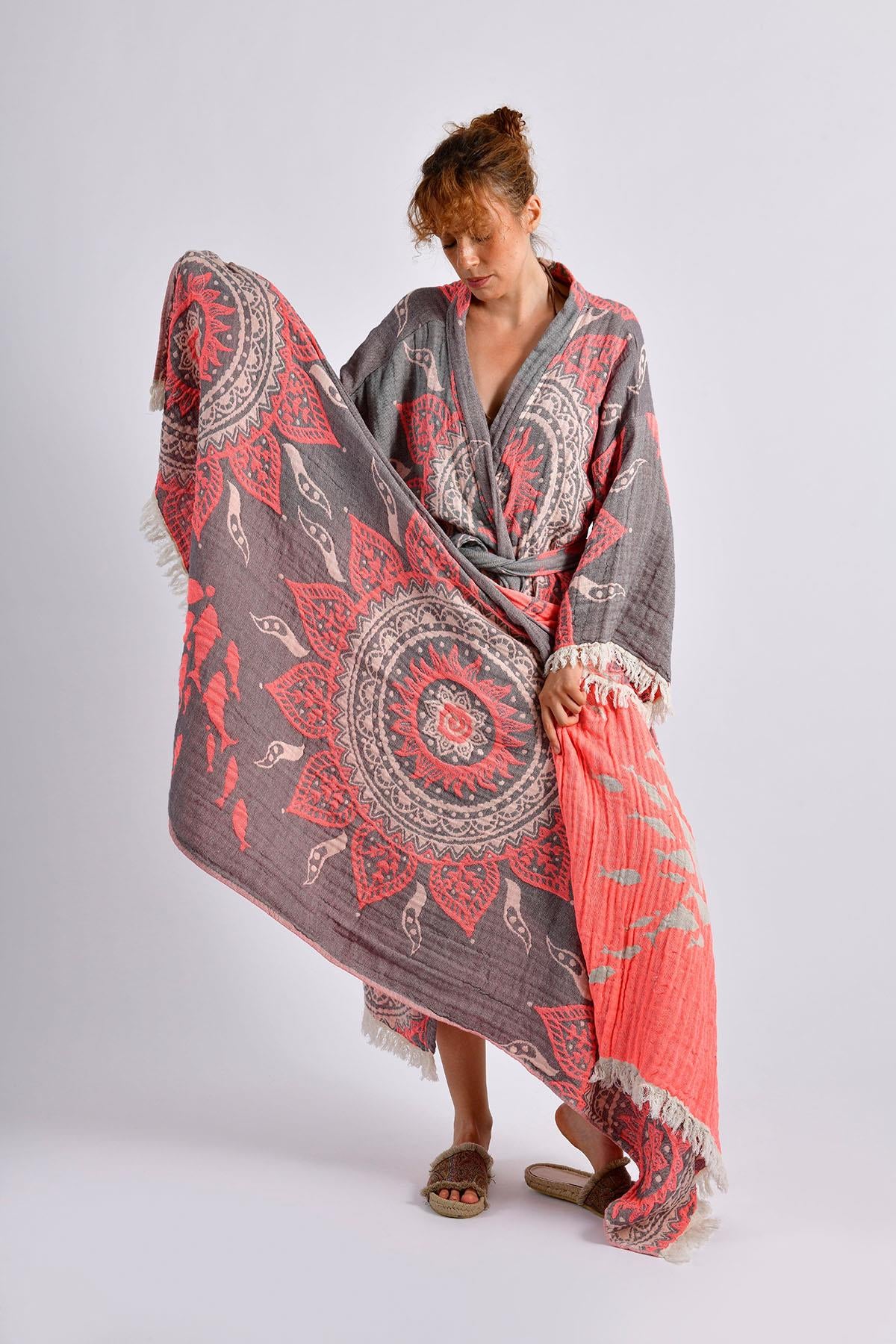 Grey- Orange Mandala Kimono ve Peştemal Takımı