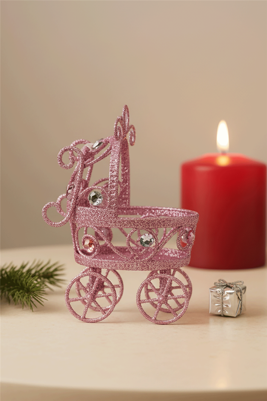 Pembe Simli Bebek Arabası Yılbaşı Ağaç Süsü