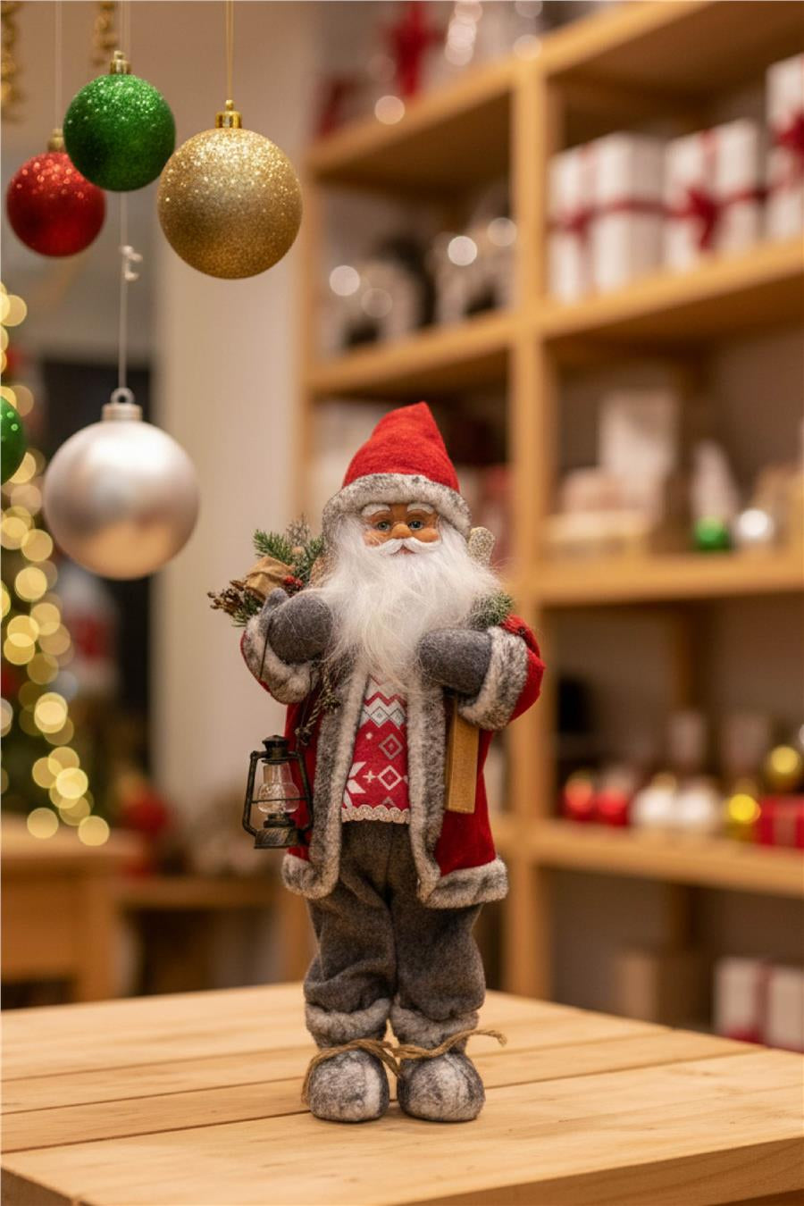 Kırmızı Şapkalı Gri Montlu Noel Baba – 30 cm