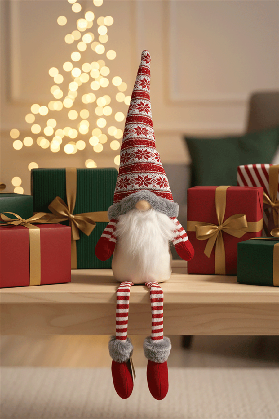 Kırmızı Desenli Noel Cücesi (Oturur Model)