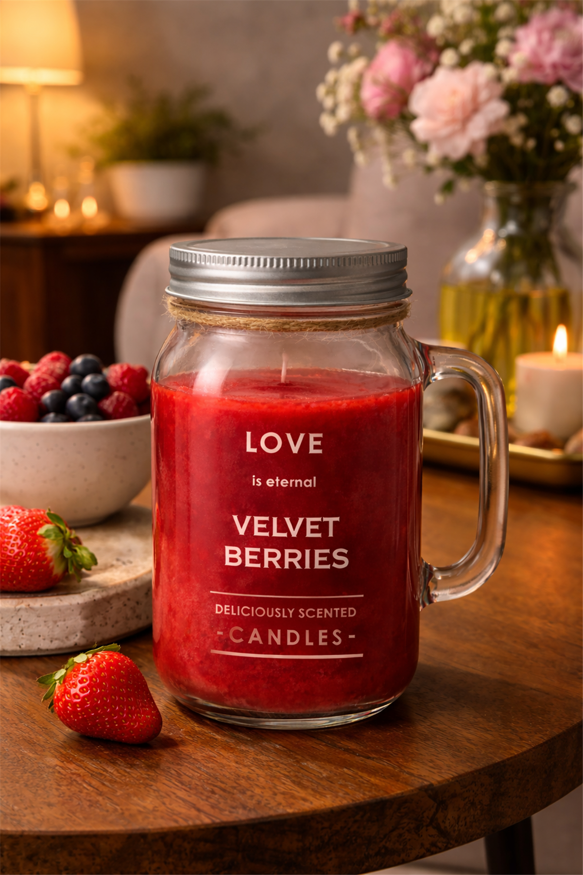 Strawberry Scented Handled Glass Mug Candle