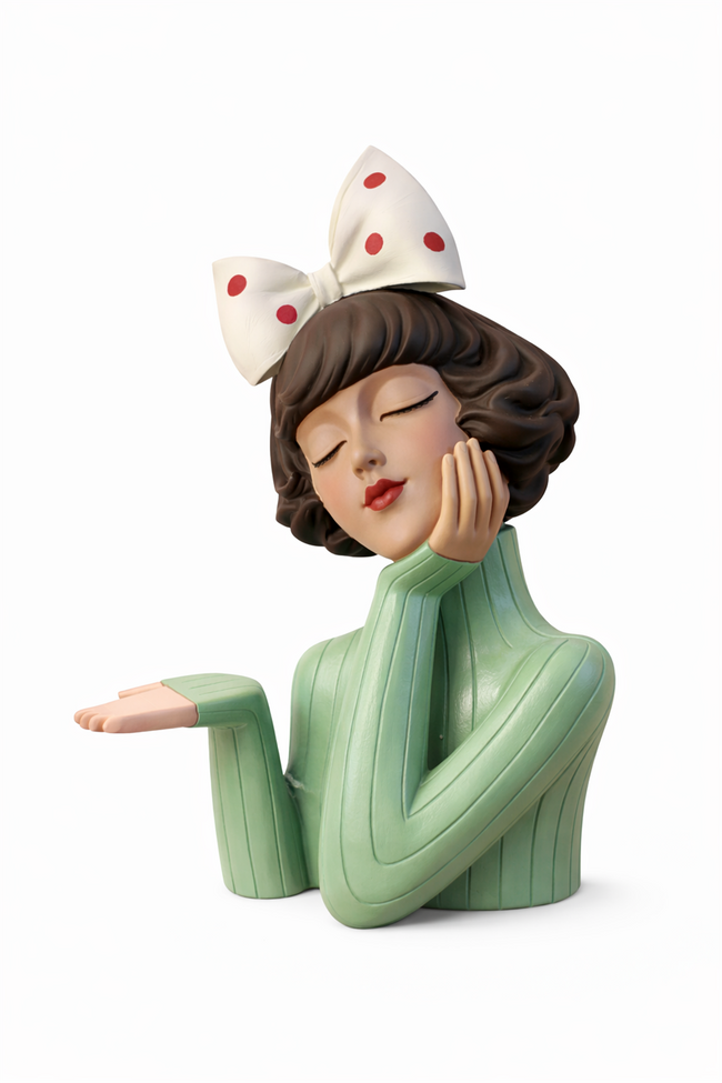 Handmade Ceramic Girl Figurine Bowl – Sage Ivory Bow