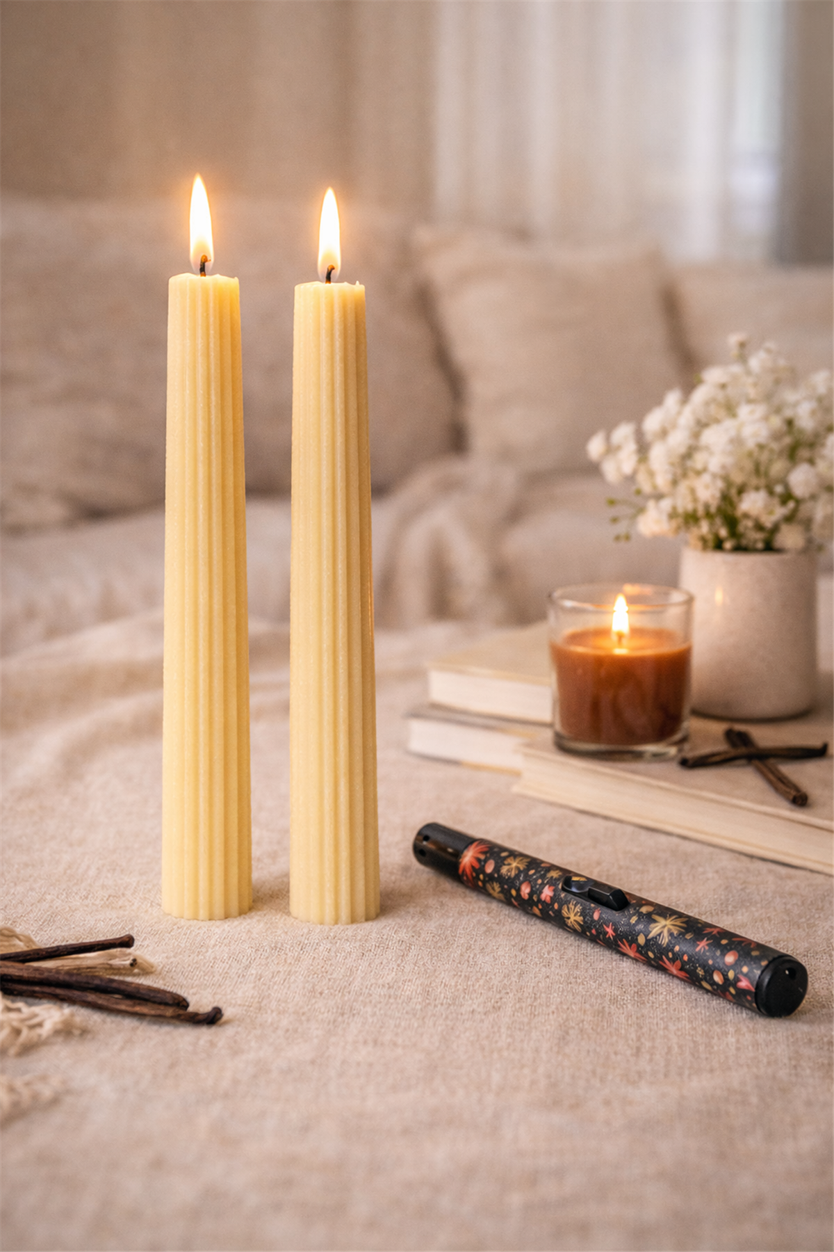 Star Pattern Candle Lighter & Double Vanilla Candle Set