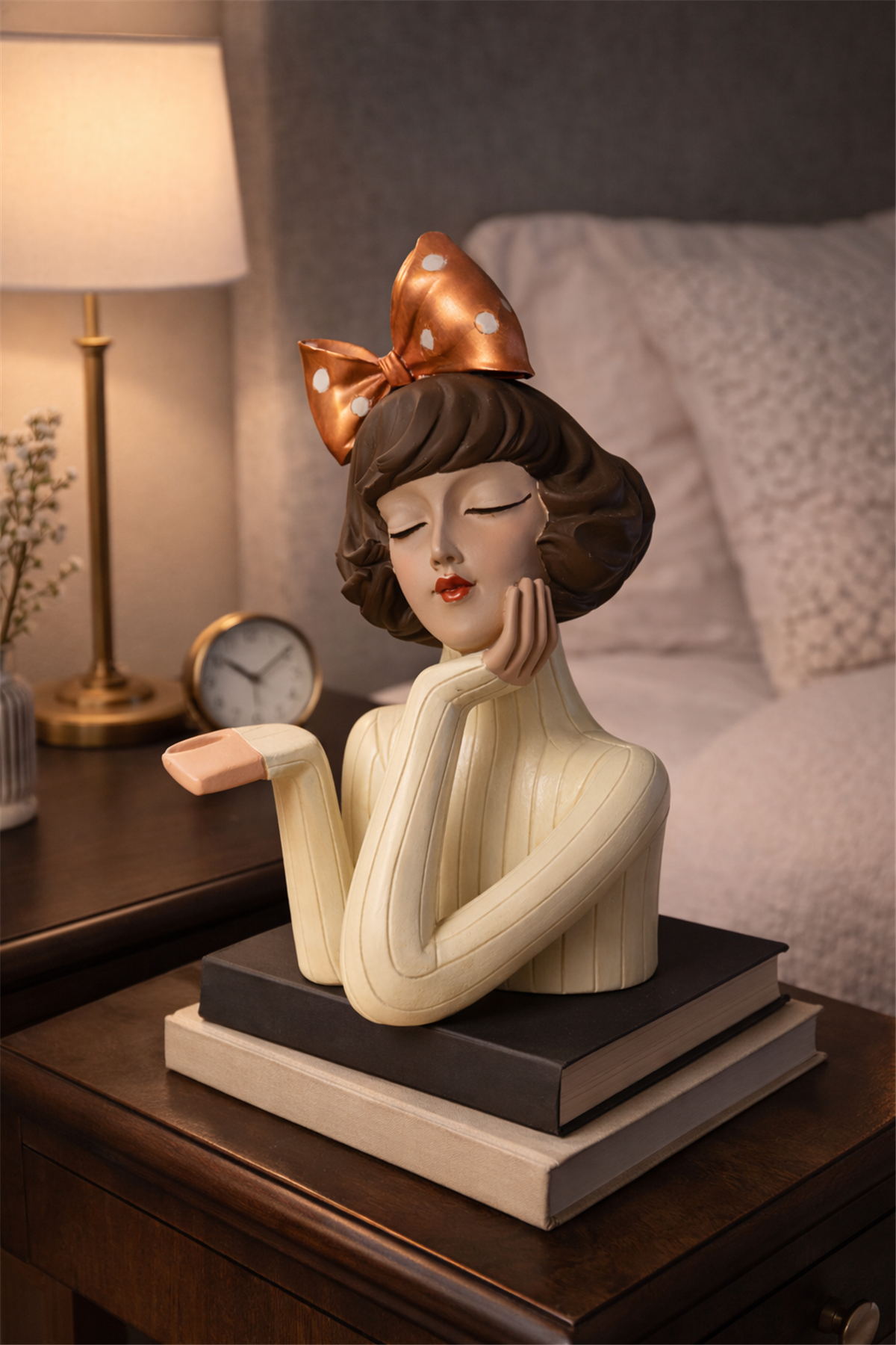 Handmade Ceramic Bowl with Girl Figure – Ivory Amber Bow