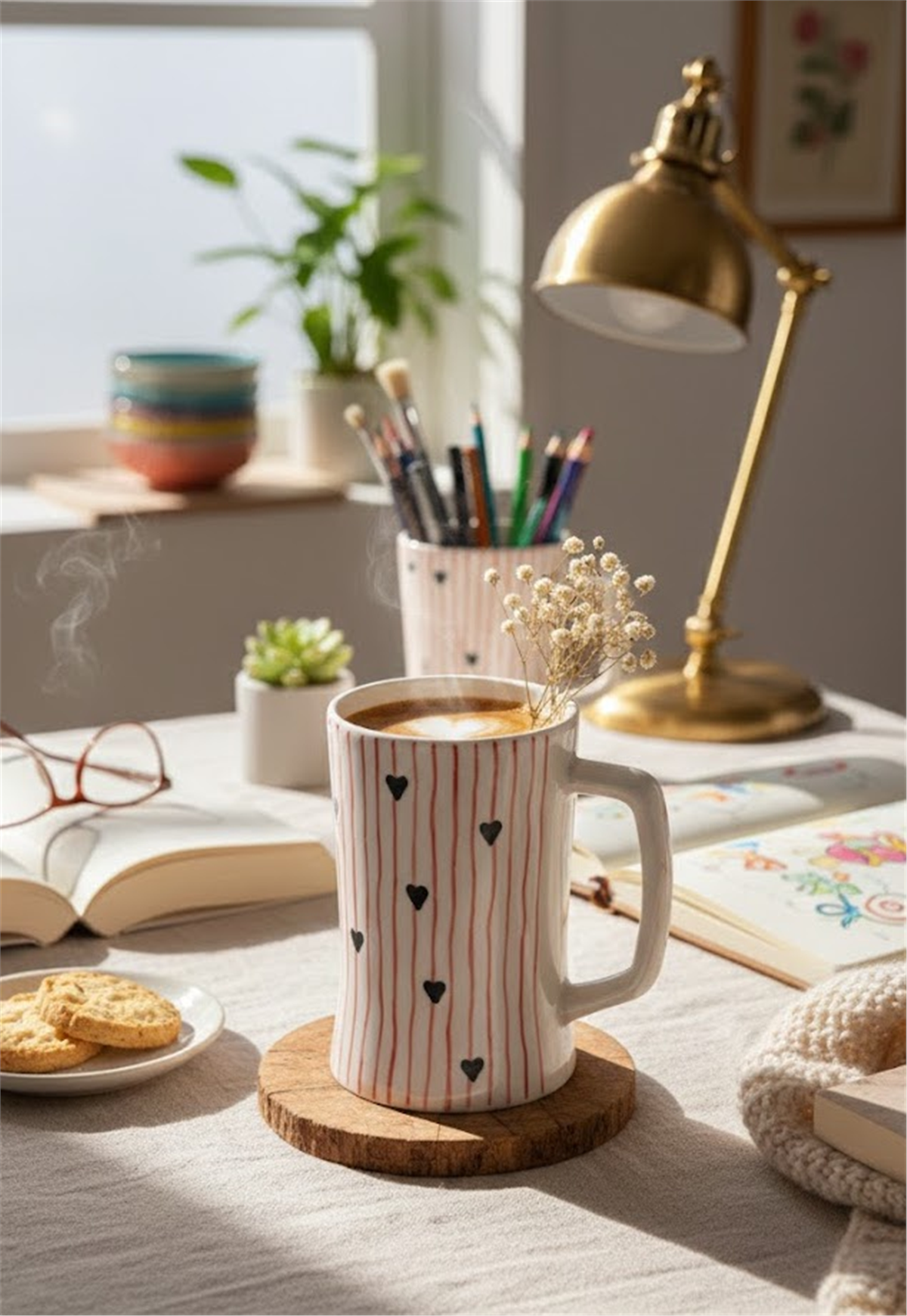 El Yapımı Seramik Kupa – El Boyaması Kalp Desenli