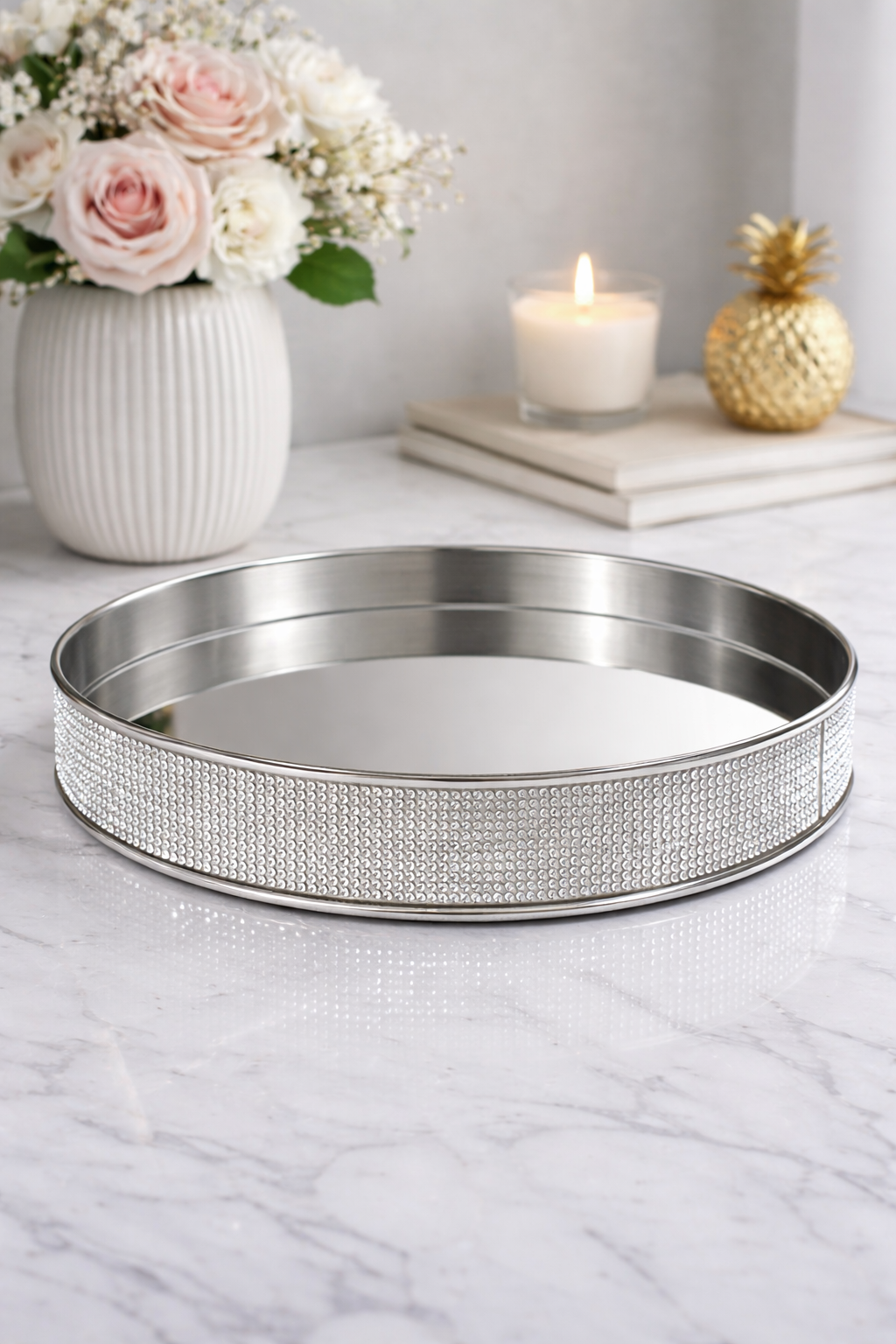 Premium Metal Tray with Crystal Stone Details and Mirror